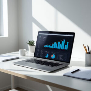 A laptop with charts of SEO reporting in a minimalistic office environment.