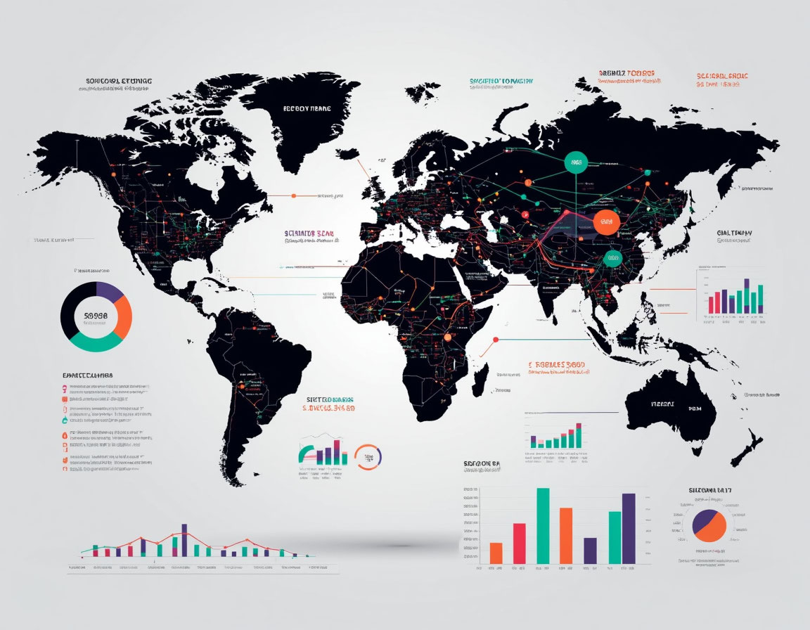 Visualization of global market trends analysis: map, graphs, charts. as a symbol of the agency's corporate approach.