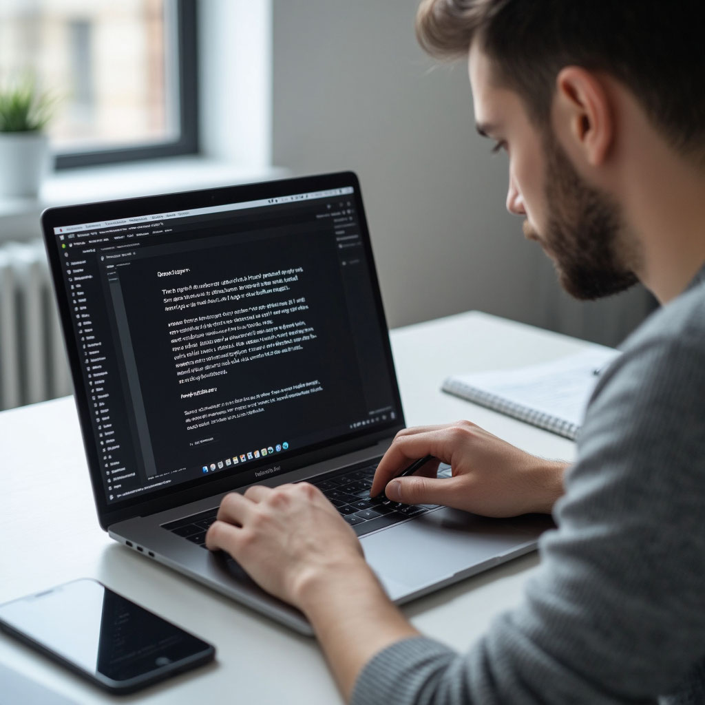 A copywriter writes an article on a laptop at a bright desk near the window.